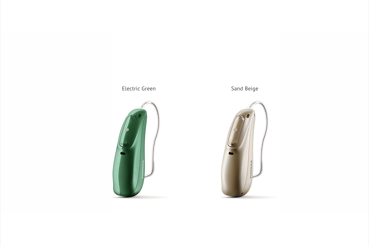 Barvy Electric Green a Sand Beige načúvacích prístrojov Phonak CROS L-R na řešenie jednostrannej straty sluchu a hluchoty